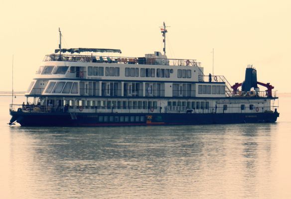 The MV Mahabaahu is floating on the Brahmaputra River