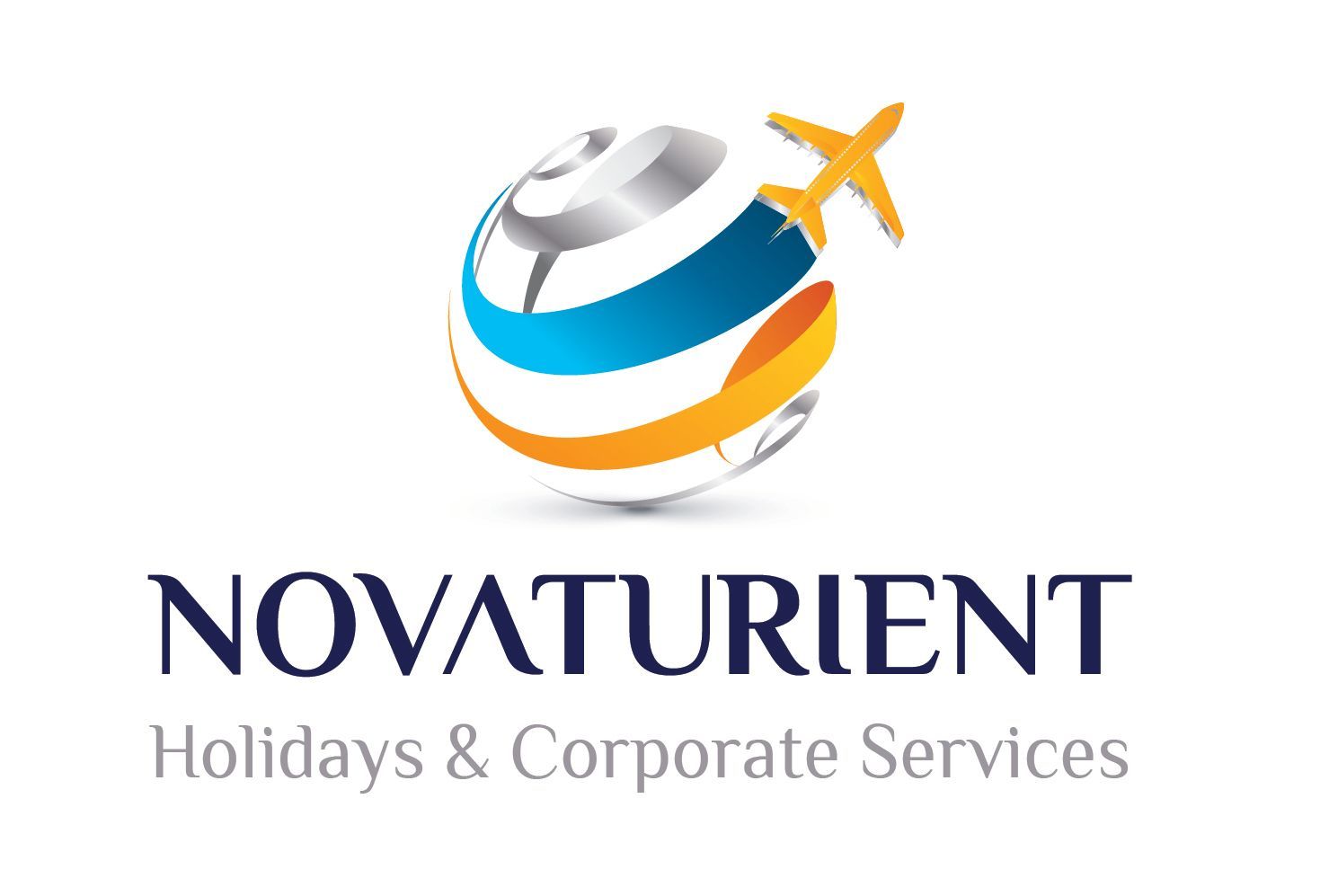 The logo for novaturient holidays and corporate services shows a globe with an airplane flying over it.