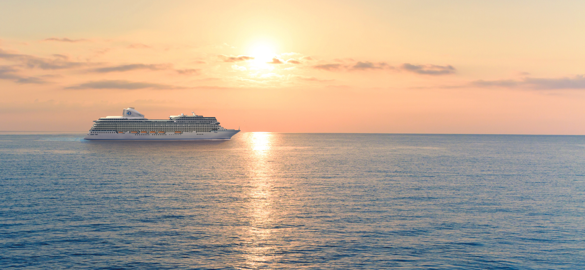 A cruise ship is sailing in the ocean at sunset, Oceania Cruises Vista