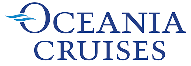 The logo for oceania cruises is blue and white