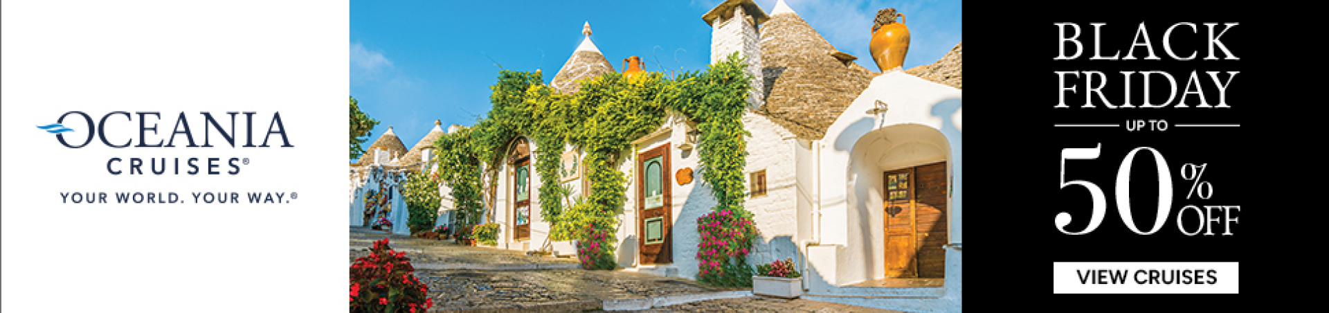 An advertisement for oceania cruises' Black Friday offer - up to 50% off