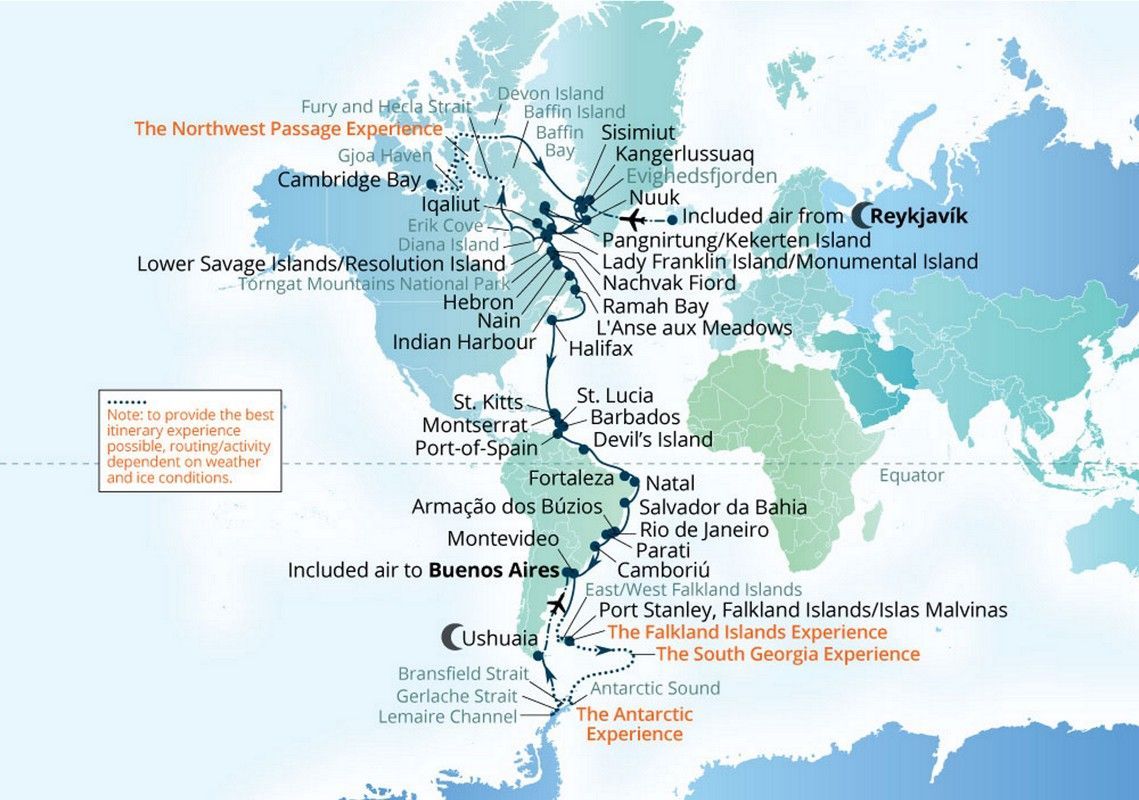Pole to Pole Seabourn Grand Expedition 2027 Map A map depicting a cruise route circling the globe, highlighting various ports of call in multiple countries and regions.
