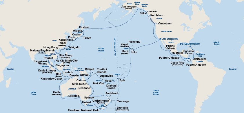 A map of the world shows a route through the ocean for the princess cruises 2027 world cruise