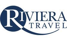 The logo for riviera travel is blue and white.