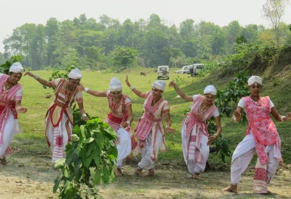 A group of women are dancing the Seven Sisters dance in Assam, India