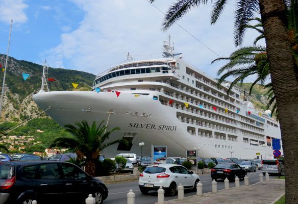 A silver spirit cruise ship is docked in a city