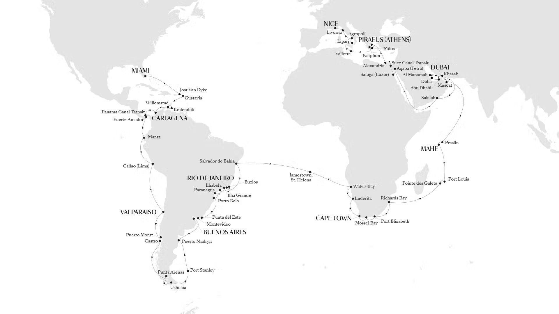 A black and white map of the world on a white background on silverseas world cruise 2028