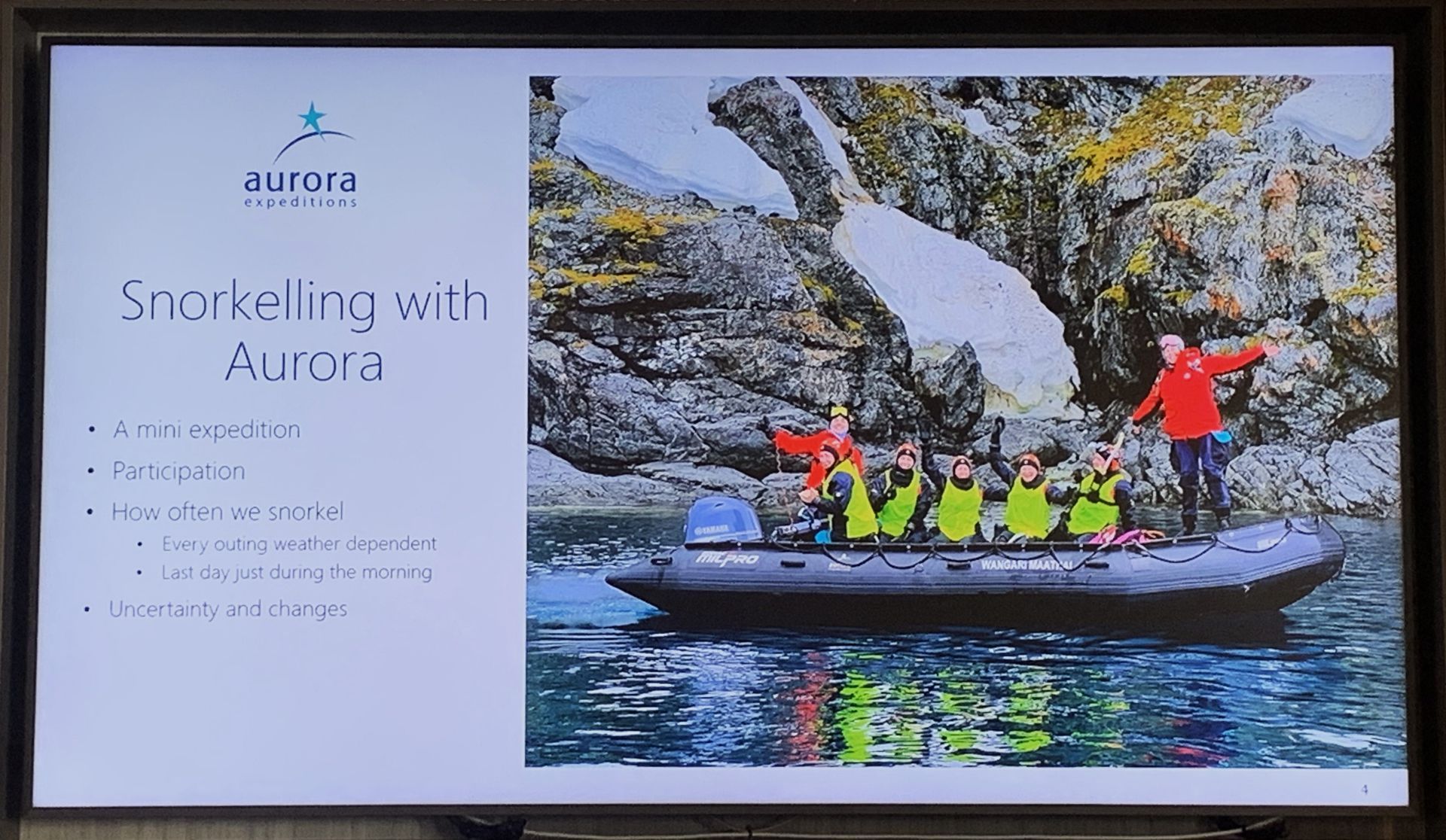 A group of people are snorkeling with Aurora on a boat.