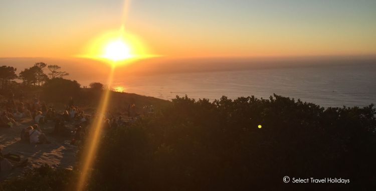Sunset over ocean from a hillside, with trees in the foreground and bright sun low on the horizon.