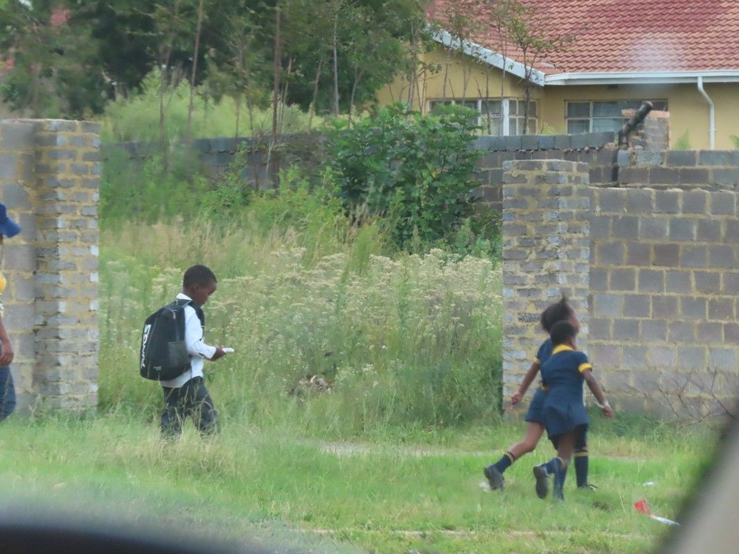 A boy and a girl are walking in the grass.