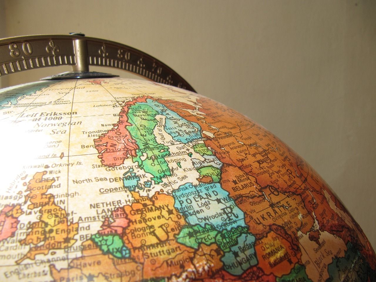 A close up of a globe showing a map of europe