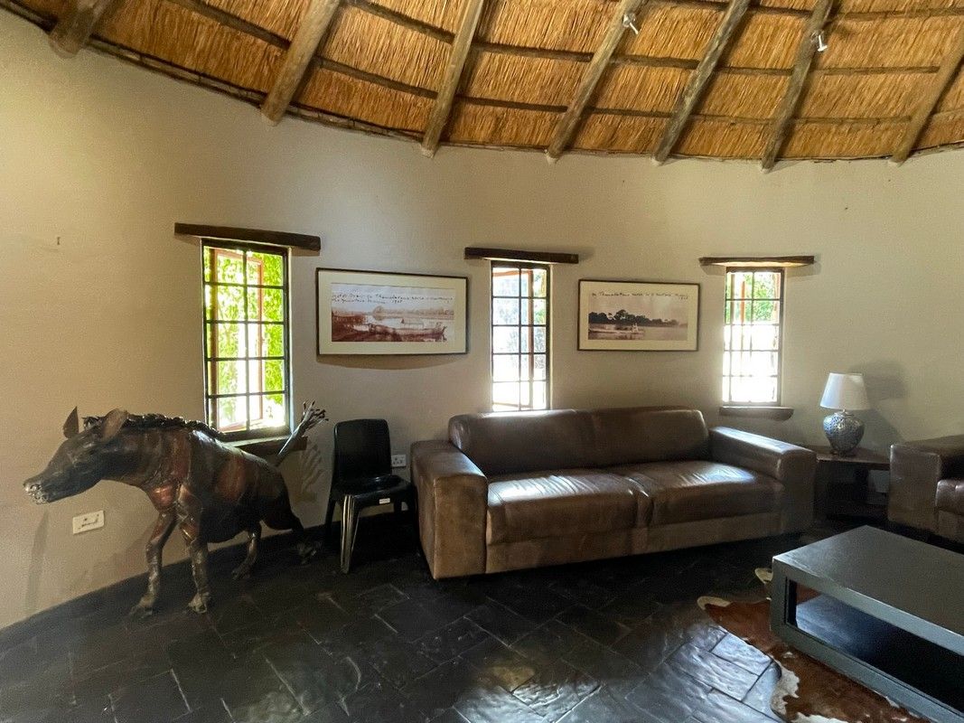 A living room with a couch , chairs and a statue of a horse.