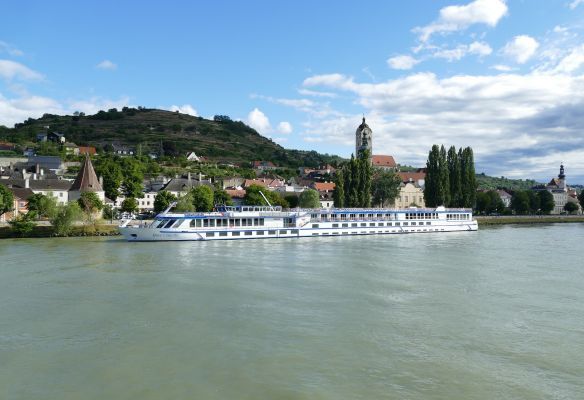 A large cruise ship is floating on the water near a small town