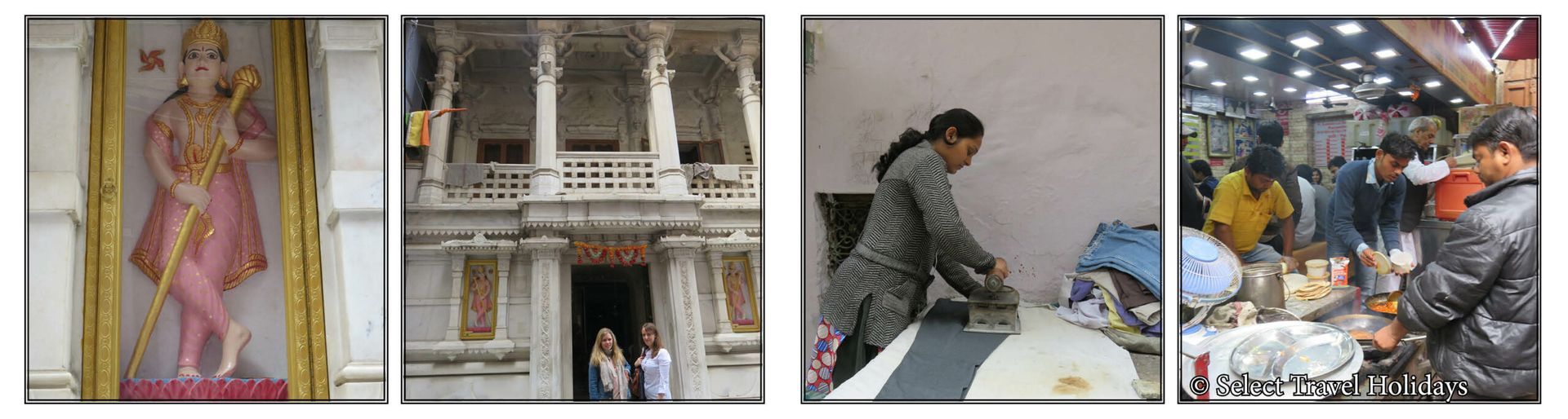 A collage of four pictures shows a woman standing in front of a building.