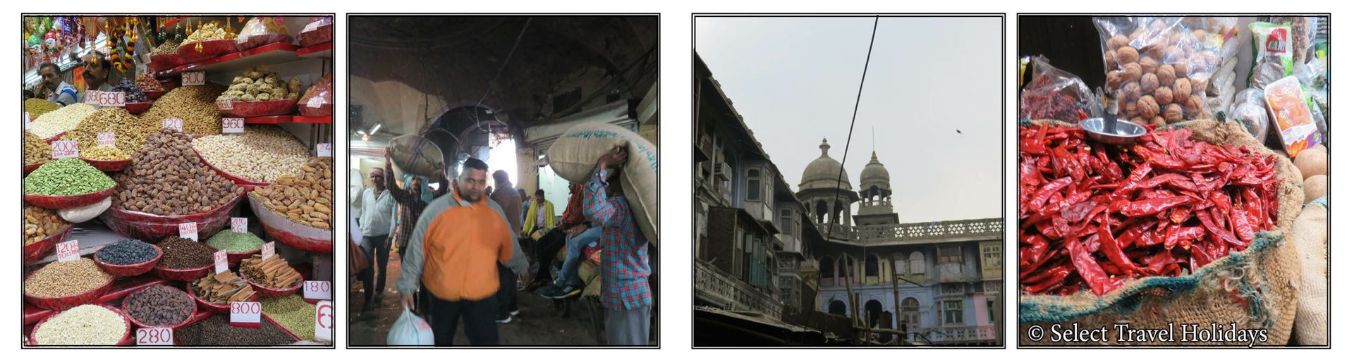 A collage of four pictures shows a market and a building