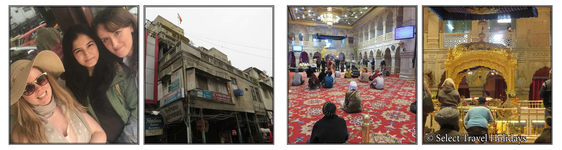 A collage of four pictures of people and buildings