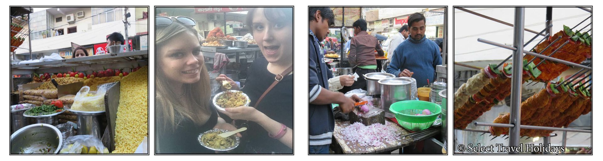 A collage of four pictures of people eating food.