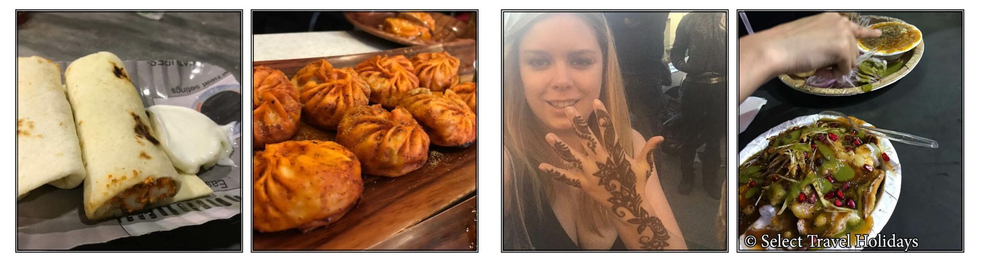 A collage of four pictures of food and a woman eating food.