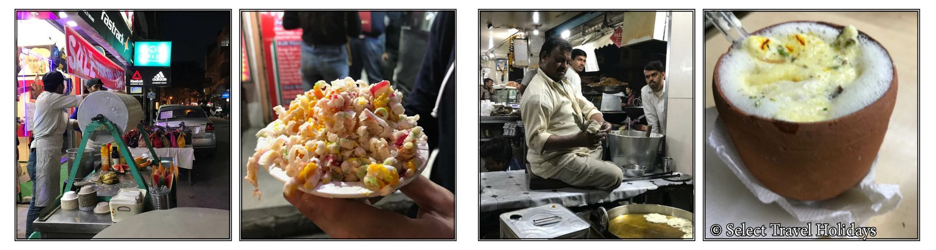 A collage of four pictures of different types of food and drinks.