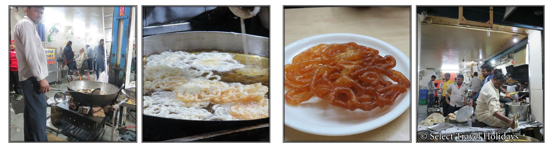 A collage of four pictures of food being cooked in a kitchen