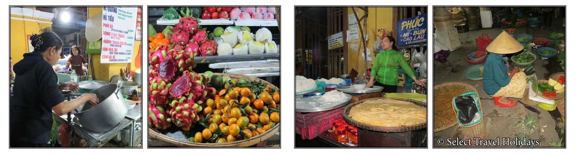 Four images depict food vendors and products. They show a person cooking, colorful fruits, a woman selling food, and hats.