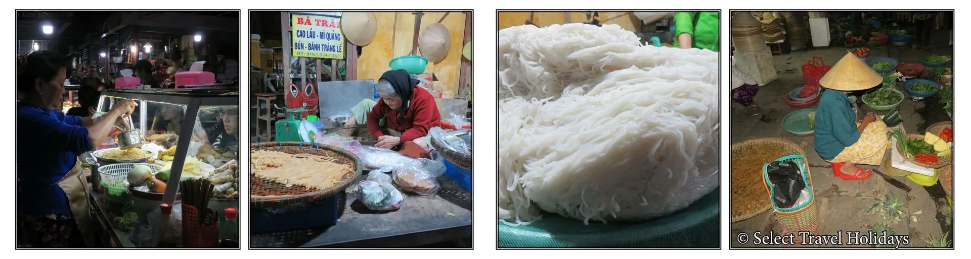 Four photos: street food vendors and dishes; white, fluffy food; and Vietnamese hats.