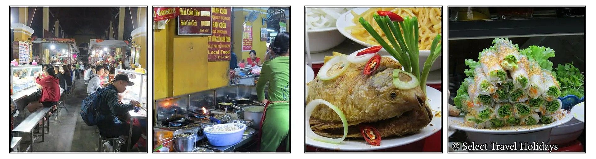 Four images of Vietnamese street food: dining scene, vendor preparing food, fried fish, and salad.