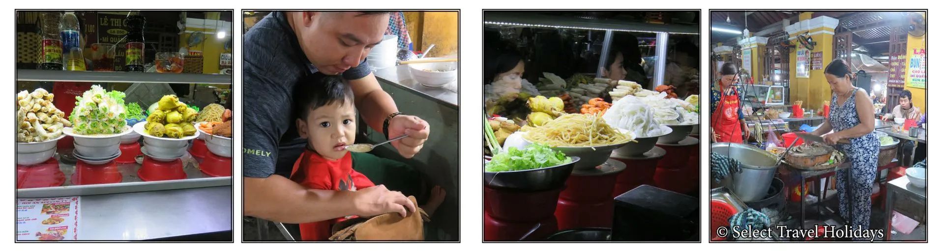 Four images showing street food and a person with a child.