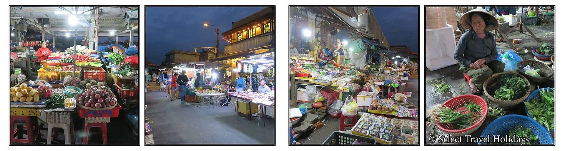 Scenes from a night market featuring vendors, food stalls, and people shopping in a street.