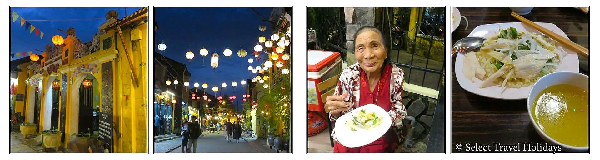 Series of photos: illuminated buildings and street, woman holding food, bowl of soup.