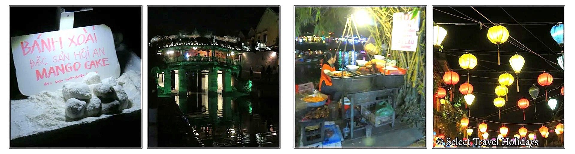 Four night scenes: sign with text and rocks, city lights reflected on water, outdoor restaurant, and lanterns.