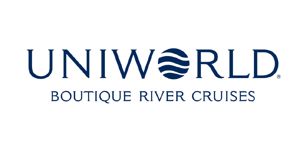 The logo for uniworld boutique river cruises is blue and white.