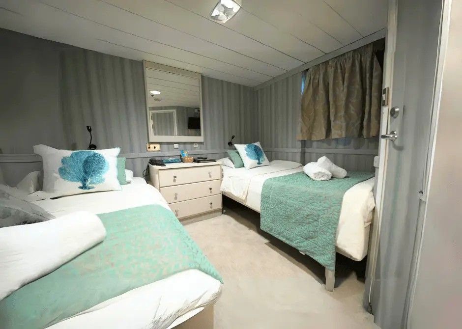 Twin beds in a cabin with turquoise linens, white furniture, and a mirror.