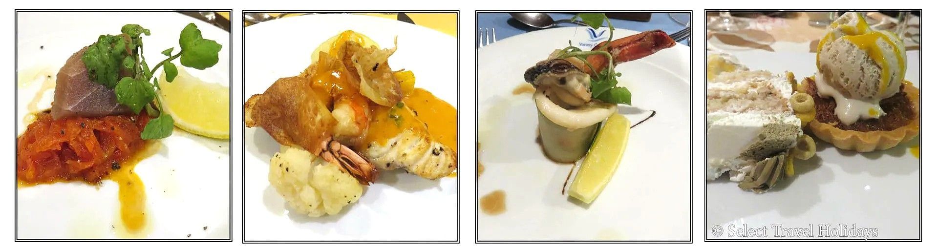 Food onboard M/Y Pegasos Four plates of food with artistic presentations.
