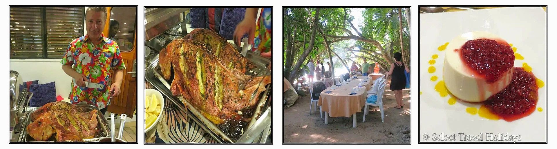 Beach BBQ at Moyenne Island Four food images: a man with food, roast chicken, a dining table, and a dessert with red sauce.