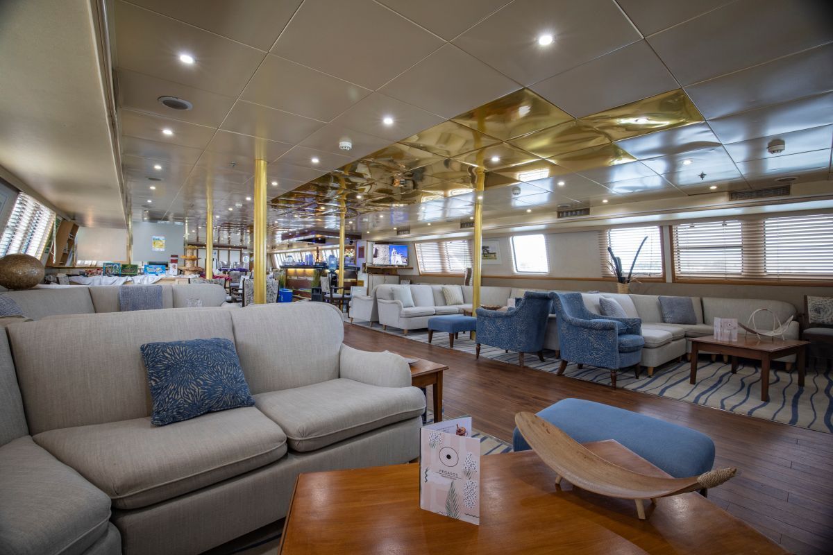 The Lounge onboard M/Y Pegasos Inside a ship's lounge with cream sofas, blue accents, and a gold ceiling.