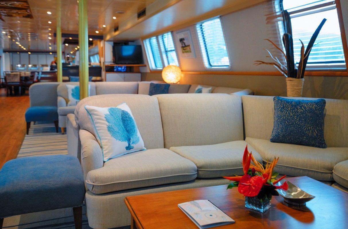 Interior of a cruise ship lounge with tan sofas, blue accents, wooden tables, and windows.