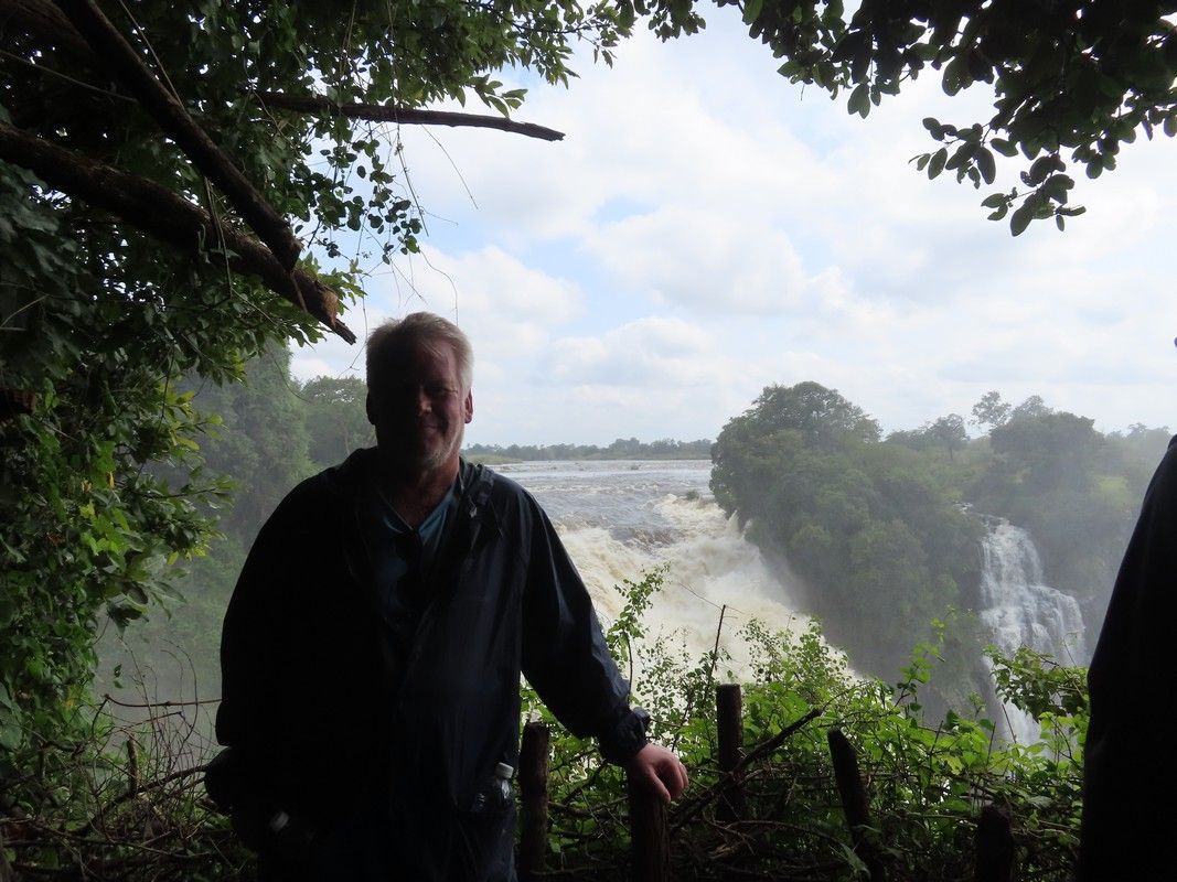 A man is standing in front of a waterfall in the woods.