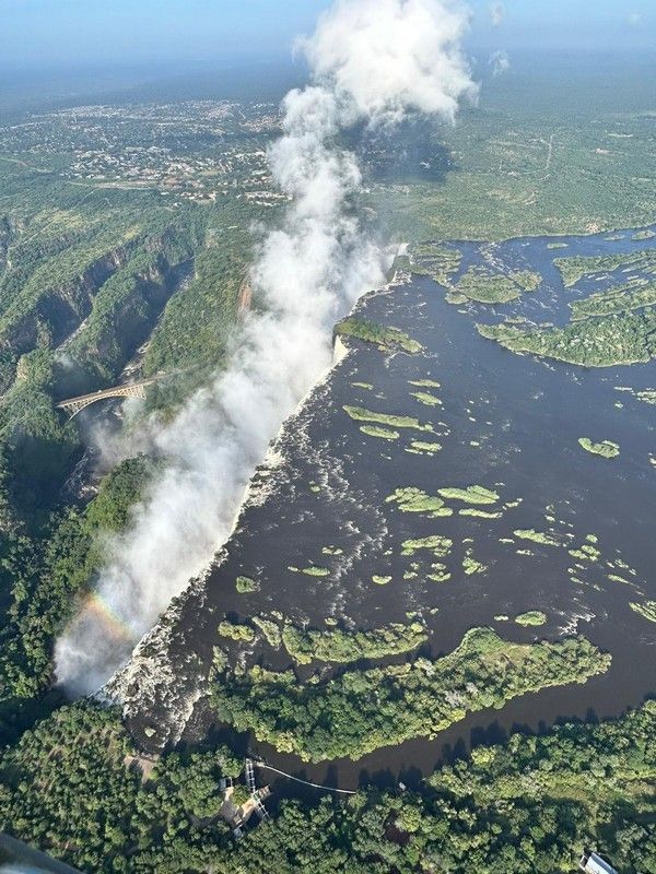 An aerial view of a large body of water surrounded by trees