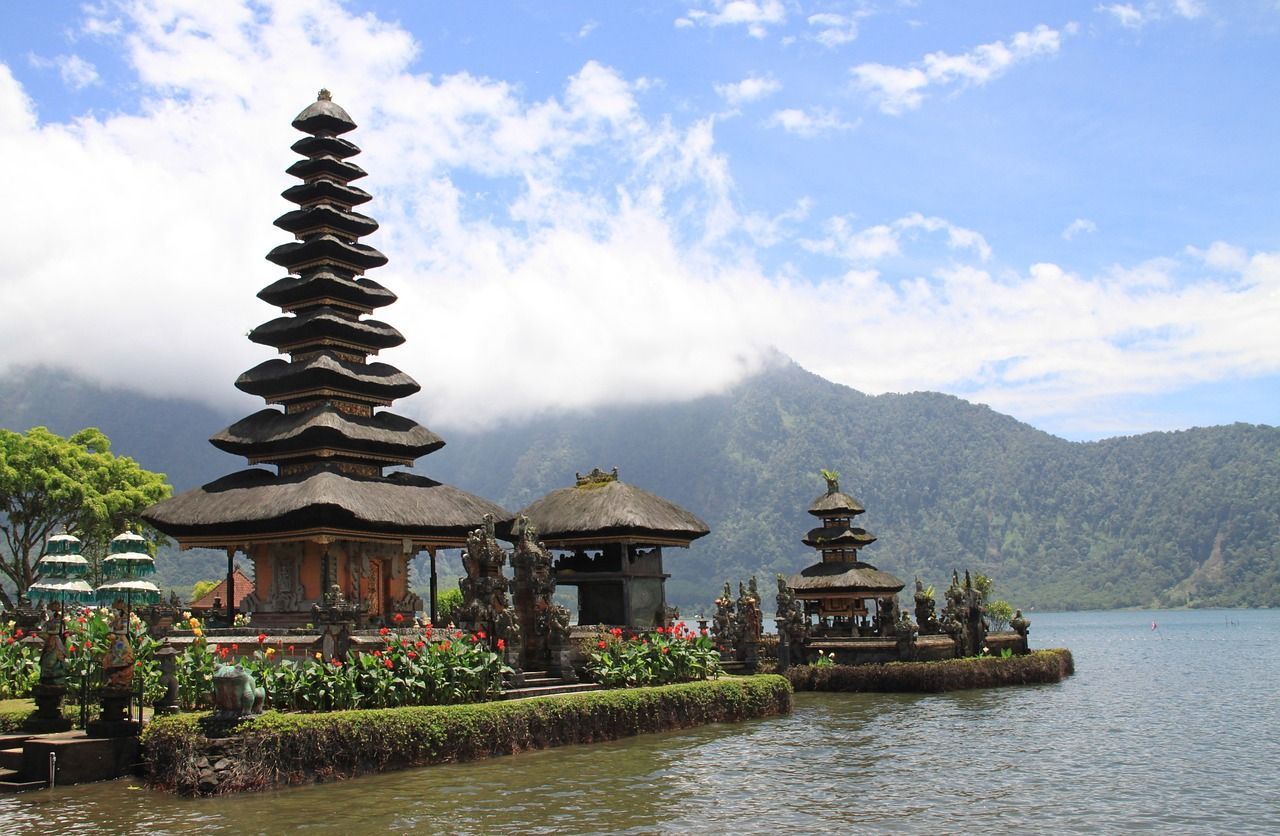 A temple on a small island in the middle of a lake