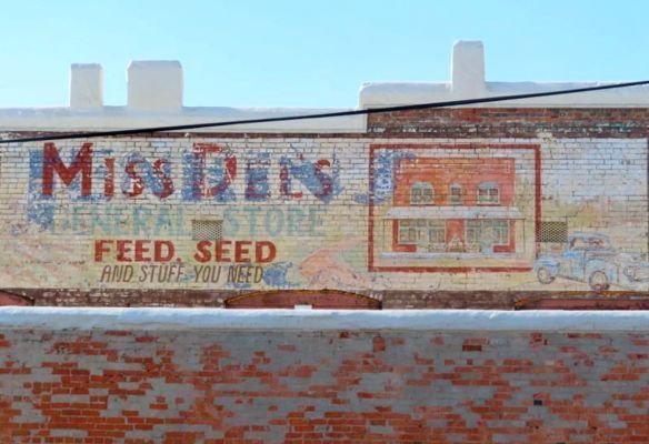 a brick wall with a painting on it that says `` feed , seed and stuff you need ''  in Clarksdale Mississippi