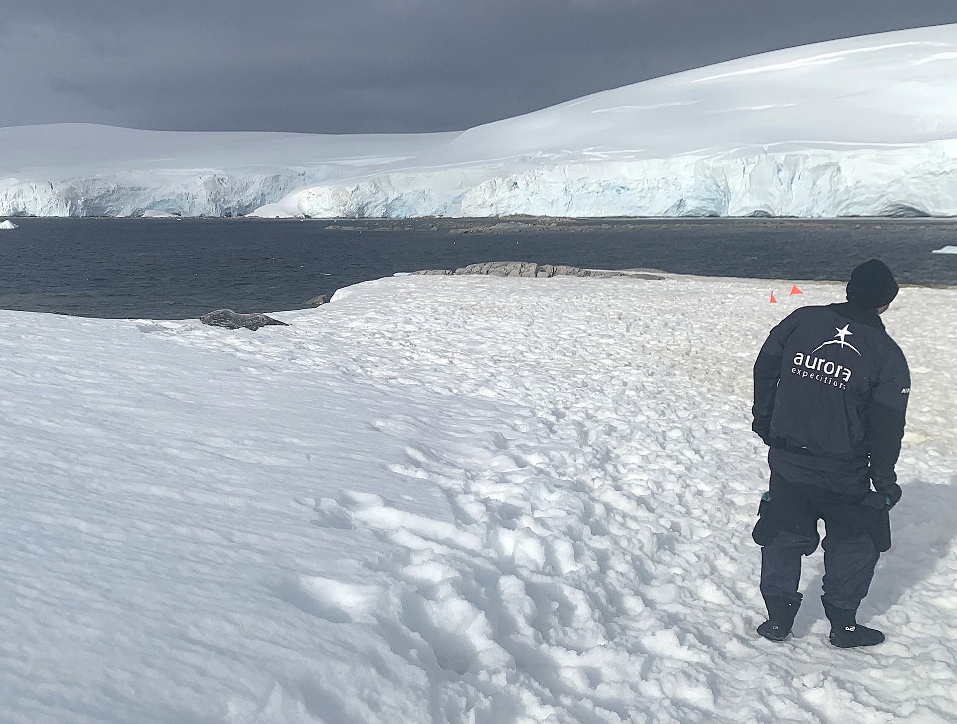 A man in a black jacket is standing in the snow near a body of water.