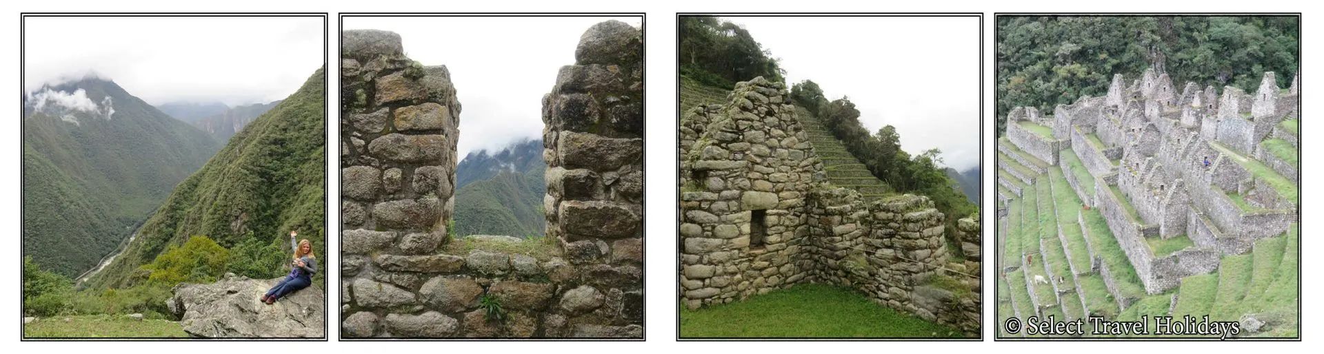 A collage of four pictures of mountains and buildings The Inca Trail  Wiñaywayna