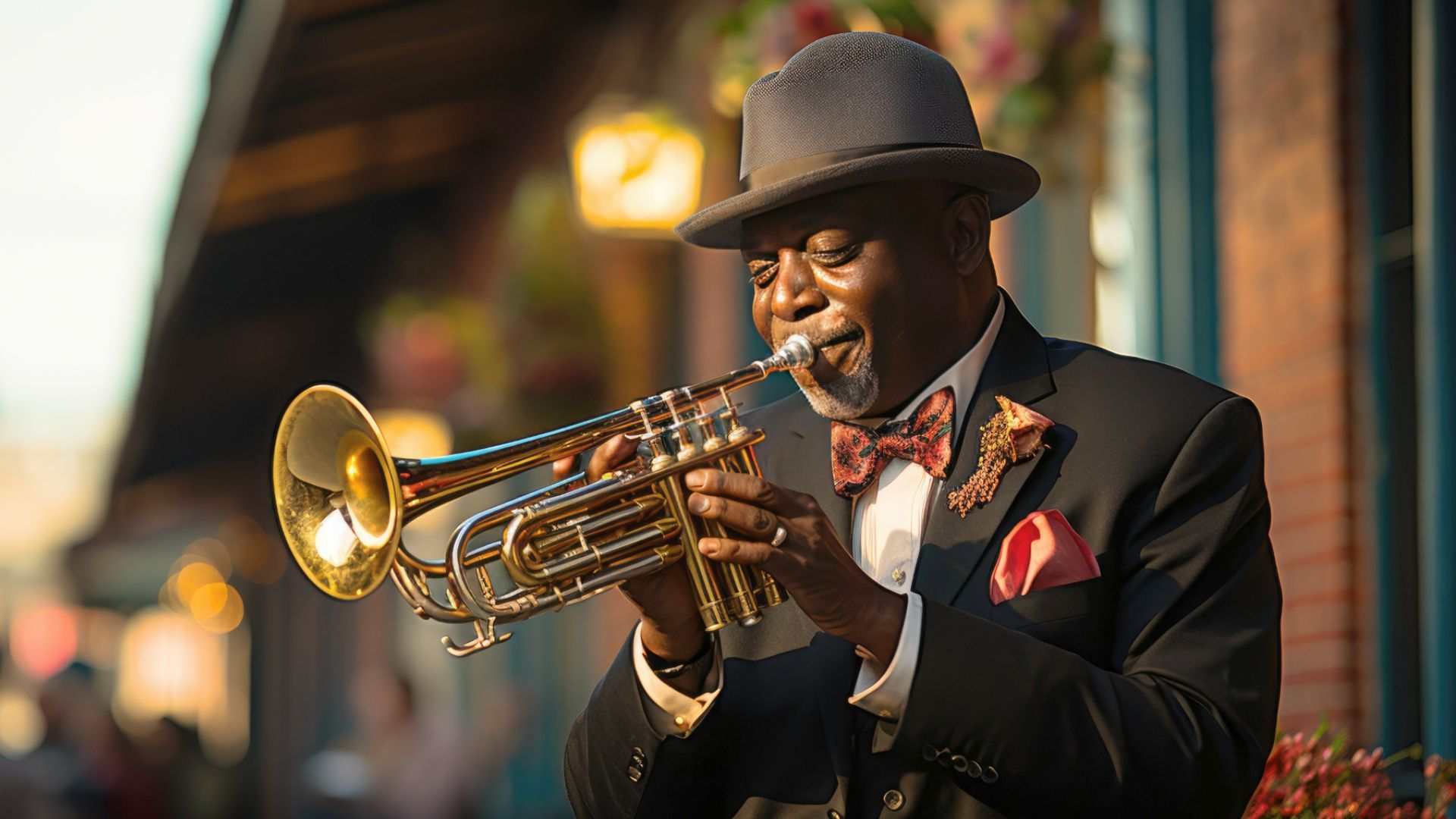 a man in a suit and hat is playing a trumpet at the New Orleans Jazz & Heritage Festival in April