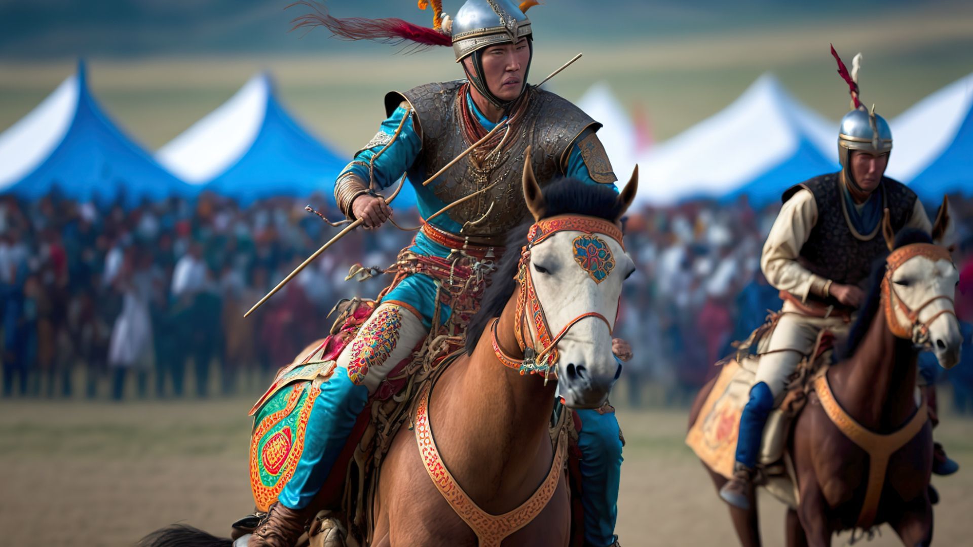 two men are riding horses in front of a crowd at Naadam Manly Games in Mongolia