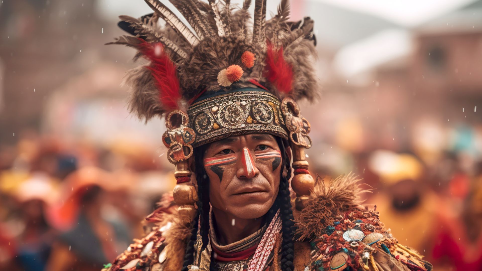 a man in a native Peru costume is standing in front of a crowd at the Qoyllur Rit'i in Cusco, Peru