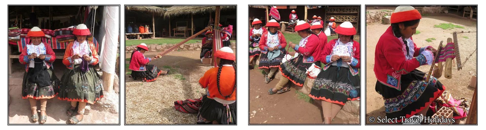 A woman in a red dress is kneeling down in front of a group of people weaving in Ccaccaccollo Village