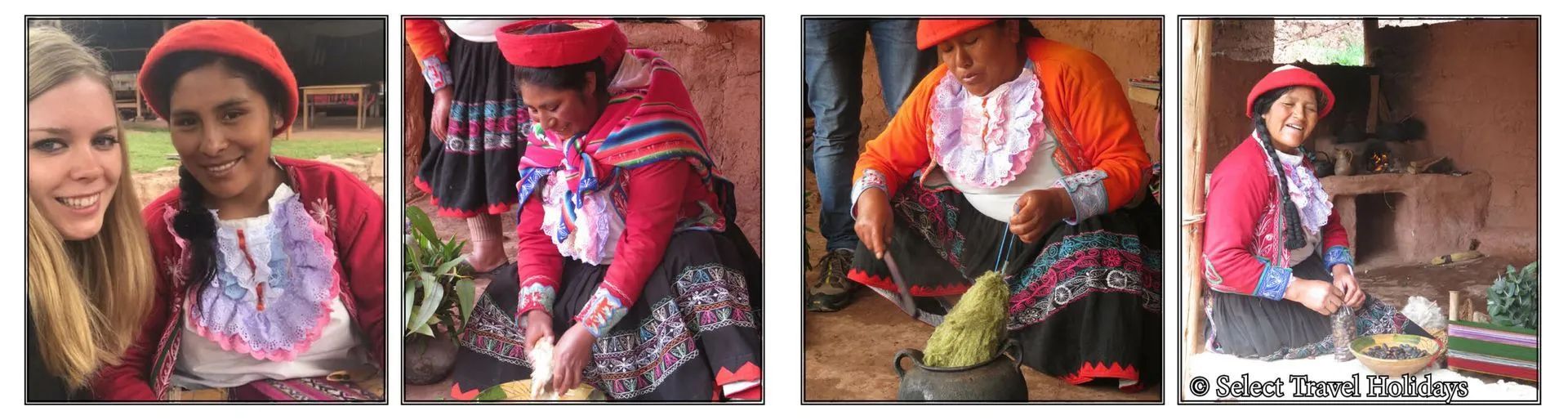 A collage of four pictures of a woman in a red dress weaving in Peru