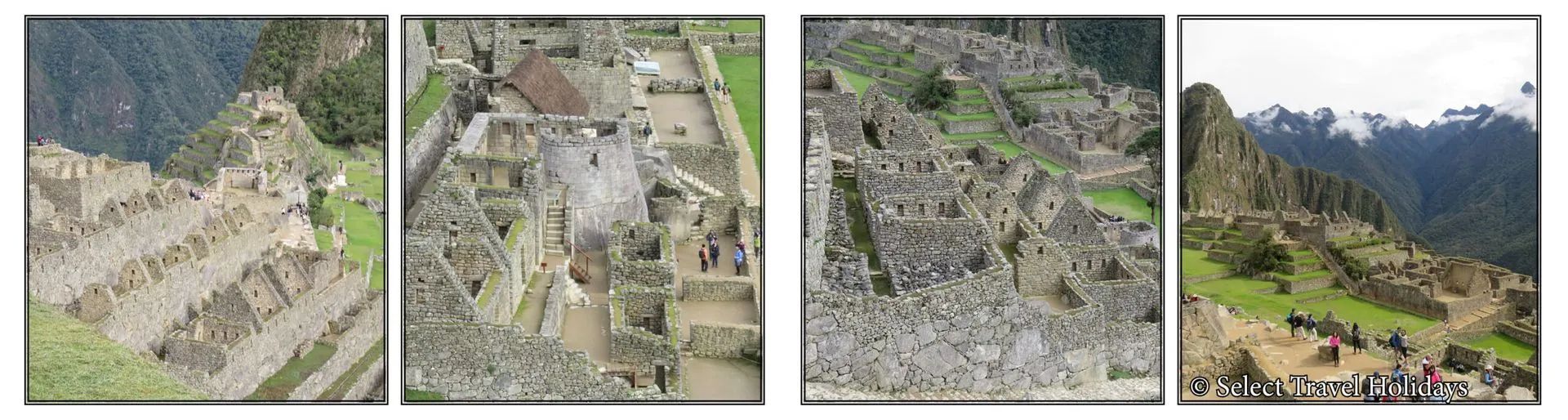 A collage of four pictures of a landscape with mountains and trees at Machu Picchu