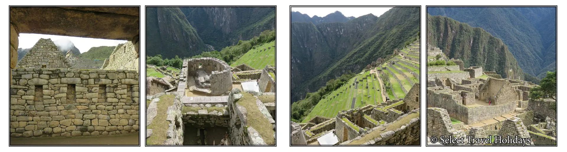 A collage of four pictures of mountains and buildings at Machu Picchu, Peru